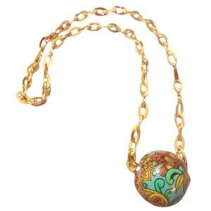 Antique Italian Hand-Painted Venetian Bead Pendant Necklace, 24 GP Chain, 19”